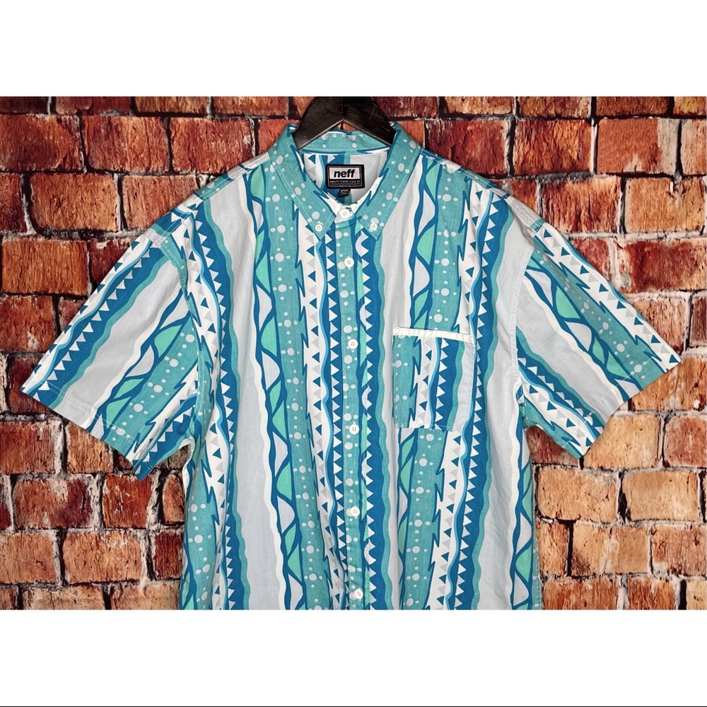 Neff Men’s Morris Button Front Short Sleeve XXL 90s Rad Shirt Blue Green White